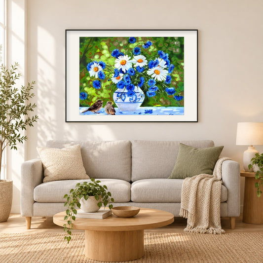 Kornblumen Gänseblümchen & Spatzen als gerahmtes Diamond Painting im Wohnzimmer