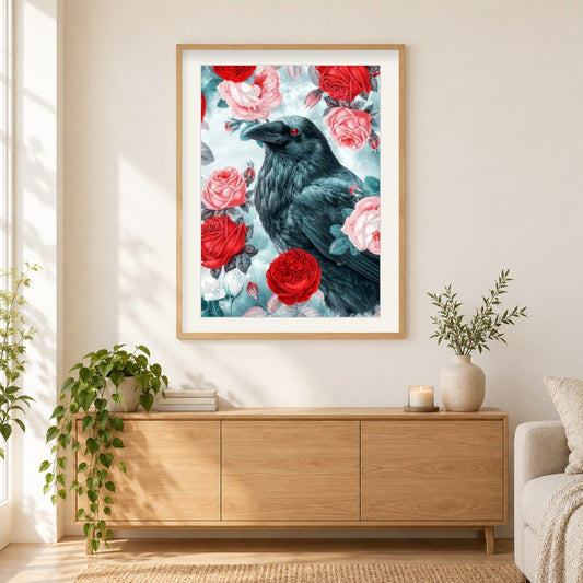 Krähe & Rosen als gerahmtes Diamond Painting im Wohnzimmer