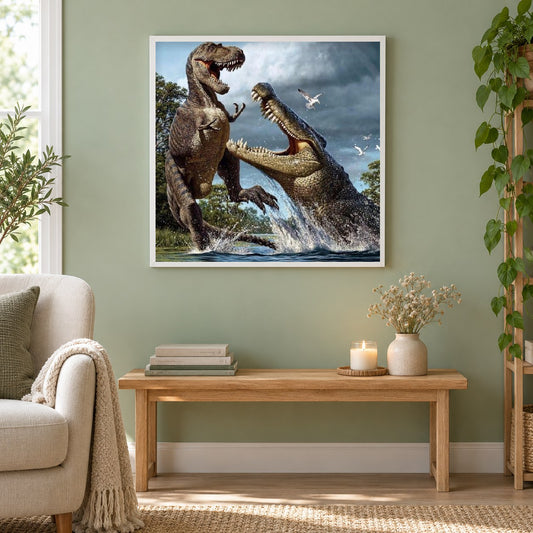 Krokodil und Dinosaurier kämpfen als gerahmtes Diamond Painting im Wohnzimmer