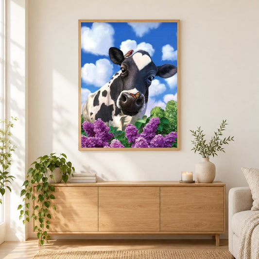 Kuh & Lavendel als gerahmtes Diamond Painting im Wohnzimmer