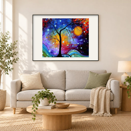 Künstlerische Baum als gerahmtes Diamond Painting im Wohnzimmer