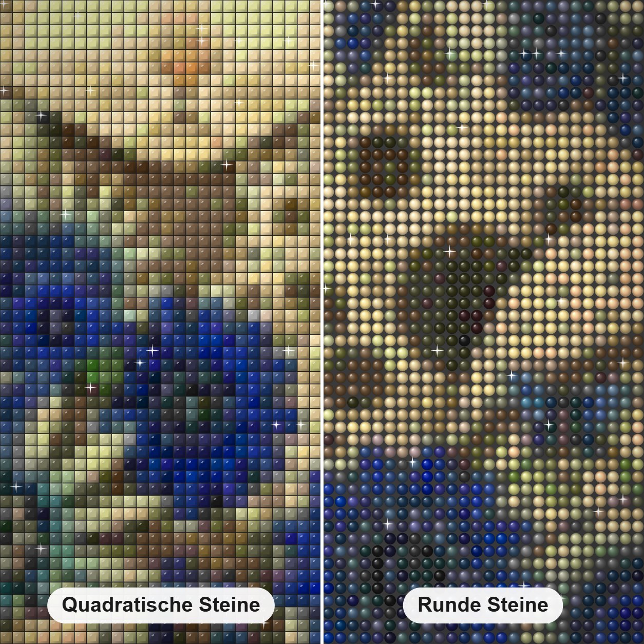 Künstlerische Katze Diamond Painting Nahaufnahme mit quadratischen und runden Steinen