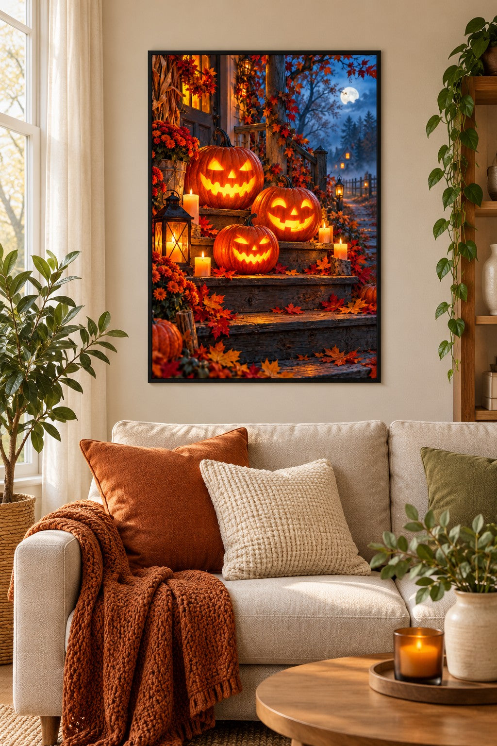 Kürbislaternen auf der Holztreppe Diamond Painting als gerahmtes Diamond Painting im Wohnzimmer