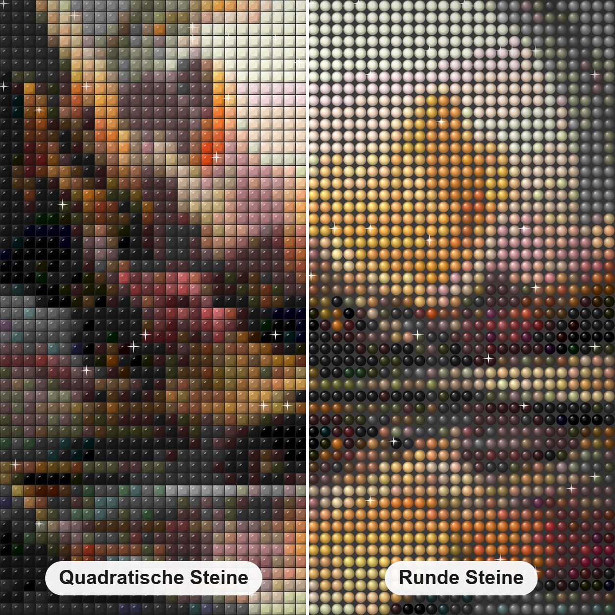 Flusslandschaft - Gemälde mit Diamanten Diamond Painting Nahaufnahme mit quadratischen und runden Steinen