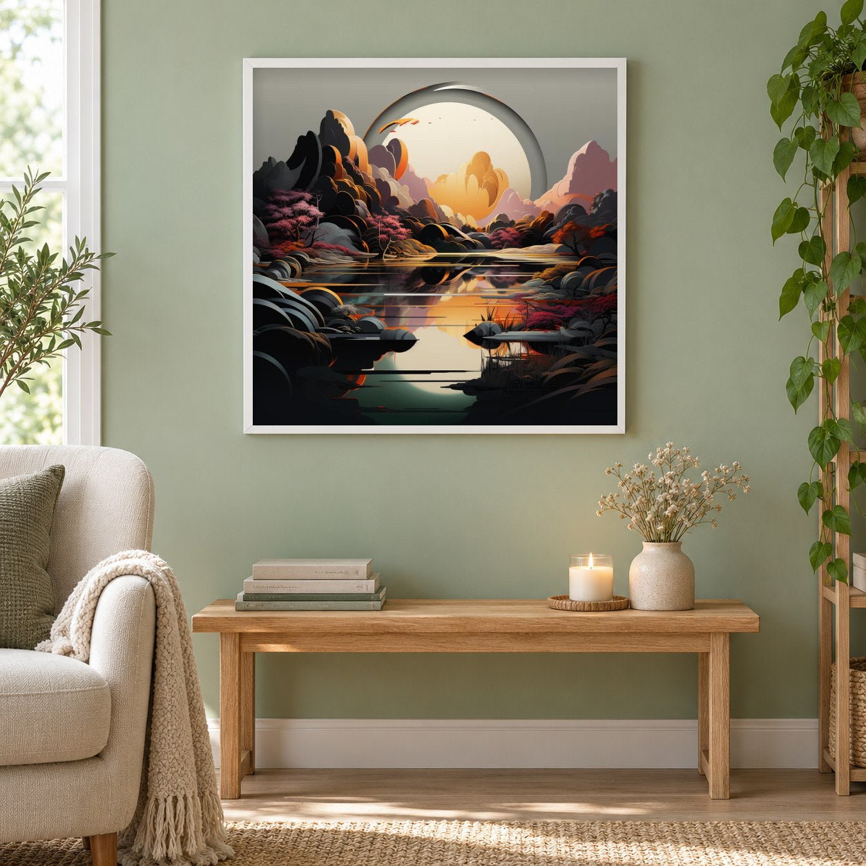 Flusslandschaft - Gemälde mit Diamanten als gerahmtes Diamond Painting im Wohnzimmer