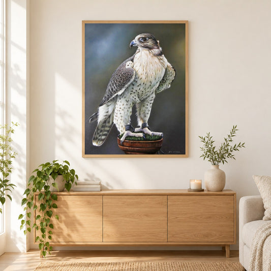 Lanner Falke -  Kunst des Eric Wilson als gerahmtes Diamond Painting im Wohnzimmer