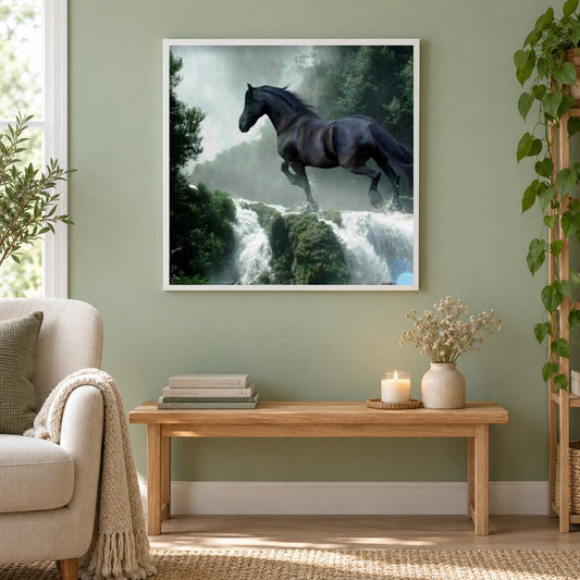 Laufendes schwarzes Pferd als gerahmtes Diamond Painting im Wohnzimmer