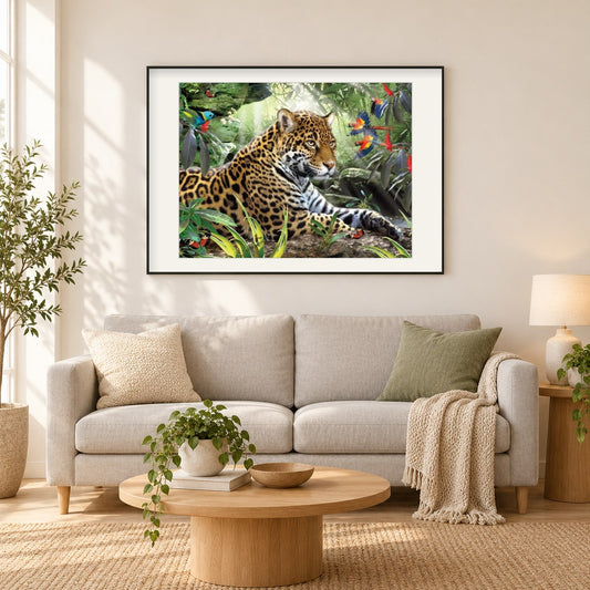 Leopard & afrikanische Papageien als gerahmtes Diamond Painting im Wohnzimmer
