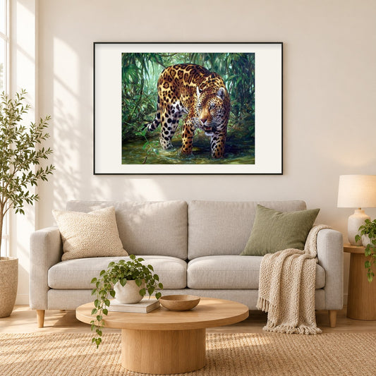 Leopard im Wald als gerahmtes Diamond Painting im Wohnzimmer