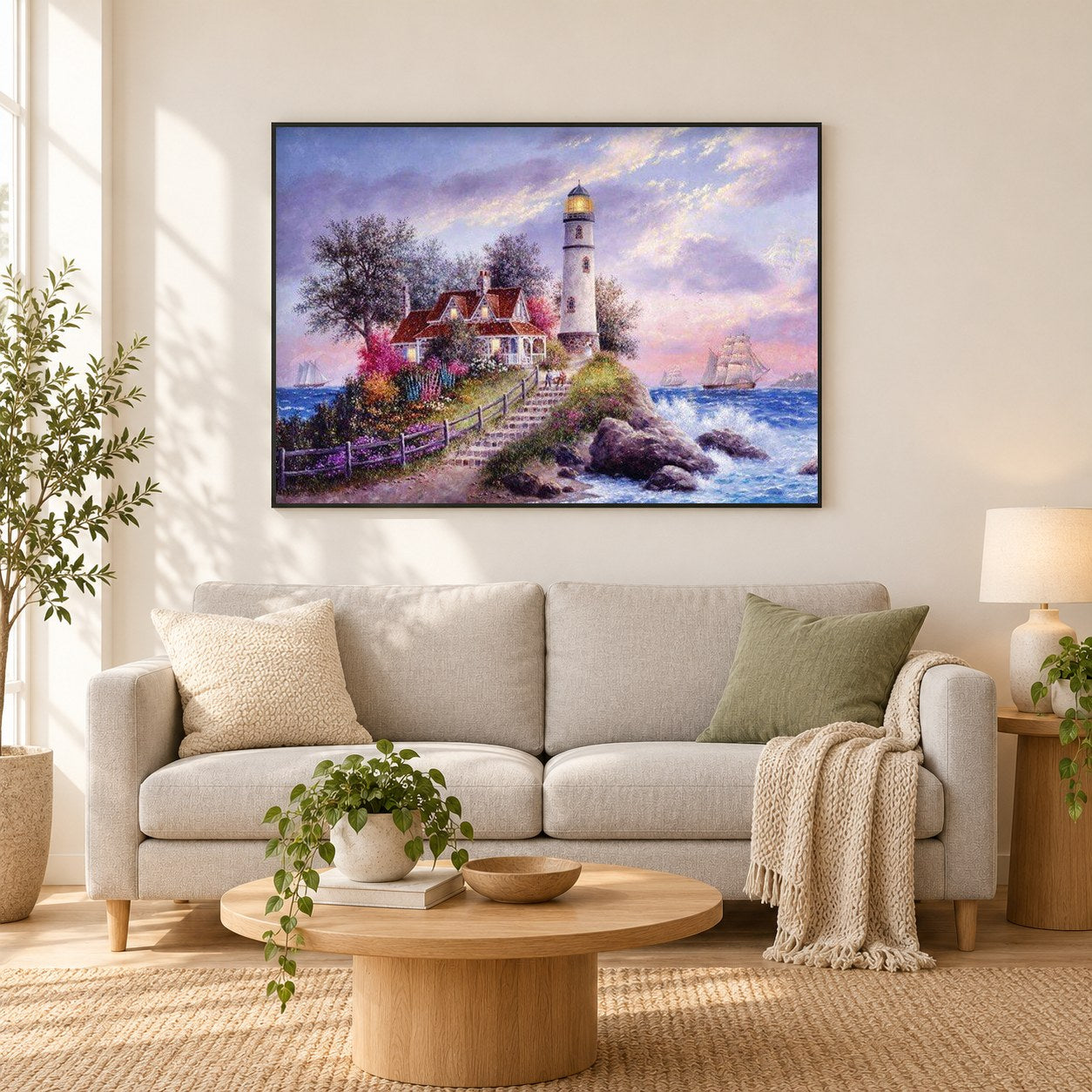 Leuchtturm am Meer als gerahmtes Diamond Painting im Wohnzimmer