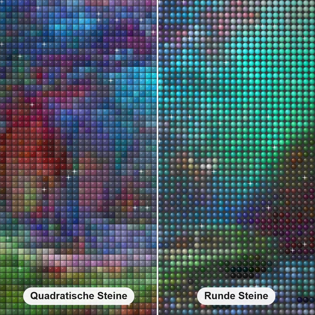 Liebeslandschaft Diamond Painting Nahaufnahme mit quadratischen und runden Steinen