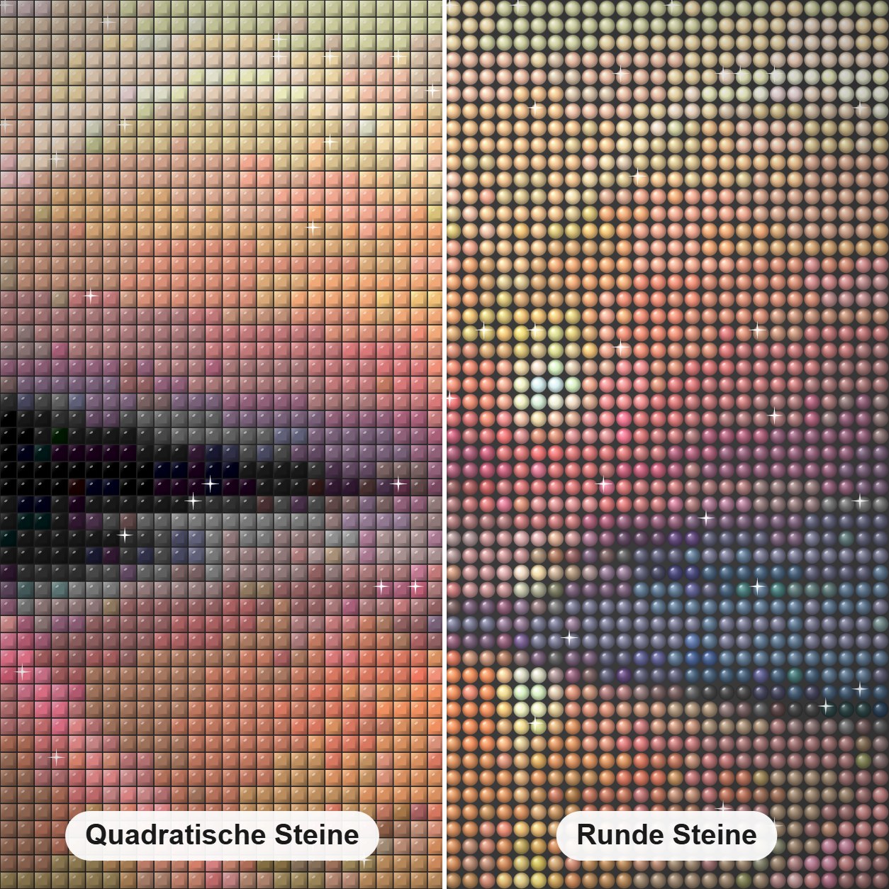 Liebesstrand Diamond Painting Nahaufnahme mit quadratischen und runden Steinen