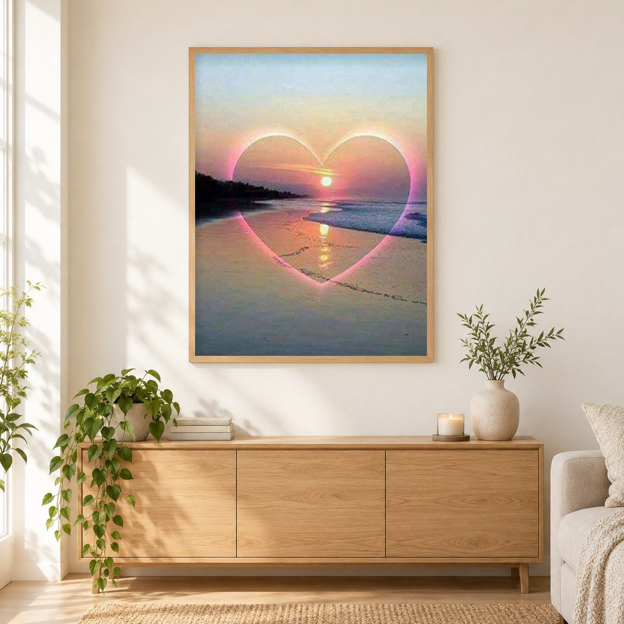 Liebesstrand als gerahmtes Diamond Painting im Wohnzimmer