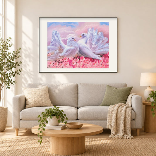 Liebestauben als gerahmtes Diamond Painting im Wohnzimmer