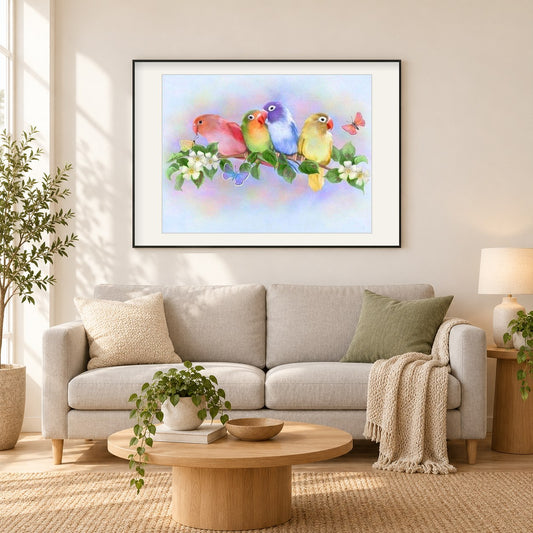 Liebesvögel, die Kit malen als gerahmtes Diamond Painting im Wohnzimmer
