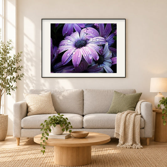 Lila Blumen als gerahmtes Diamond Painting im Wohnzimmer