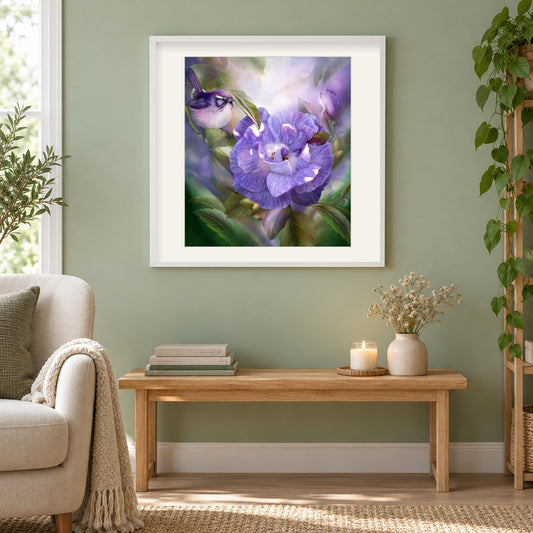 Lila Rose & Vogel als gerahmtes Diamond Painting im Wohnzimmer