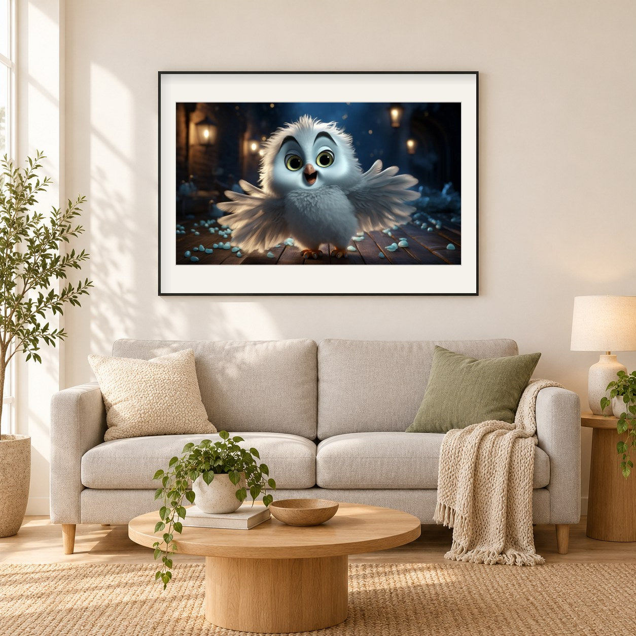 Little Owls inspirierende Präsenz als gerahmtes Diamond Painting im Wohnzimmer