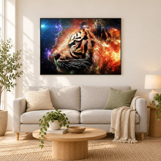 lodernde Tigerkunst als gerahmtes Diamond Painting im Wohnzimmer