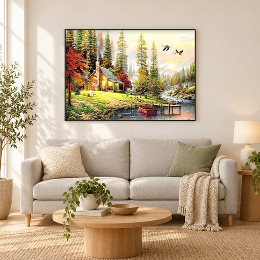 Lodge Hütte am Fluss als gerahmtes Diamond Painting im Wohnzimmer