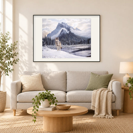 Einsamer Wolf -  Kunst des Eric Wilson als gerahmtes Diamond Painting im Wohnzimmer