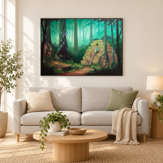 Verloren und gefunden - Kunst des Liam Kelly als gerahmtes Diamond Painting im Wohnzimmer