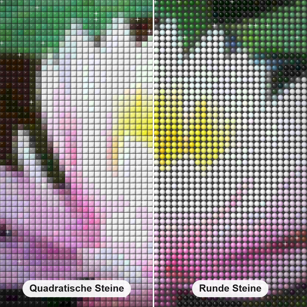 Lotusblume Diamond Painting Nahaufnahme mit quadratischen und runden Steinen