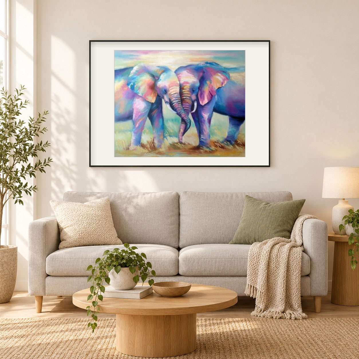 Loving Elephants als gerahmtes Diamond Painting im Wohnzimmer