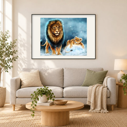 Löwe als gerahmtes Diamond Painting im Wohnzimmer