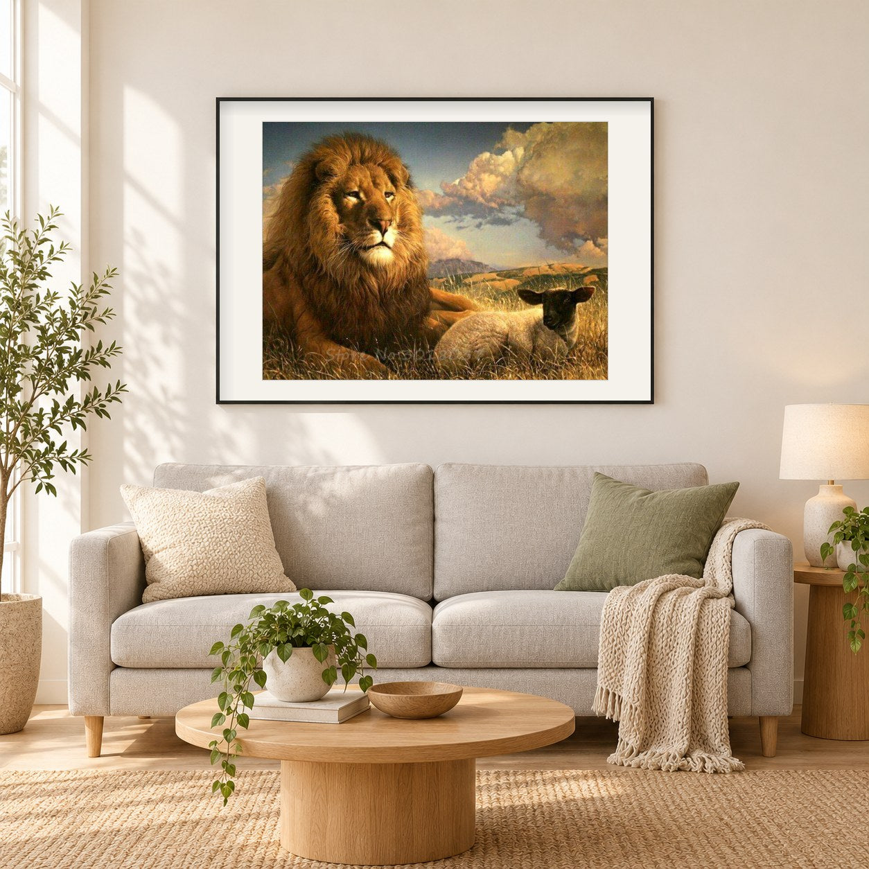 Löwe & Lamm sitzen zusammen als gerahmtes Diamond Painting im Wohnzimmer