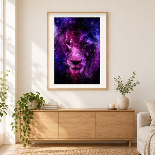 Löwenmalerei mit Galaxienhintergrund als gerahmtes Diamond Painting im Wohnzimmer