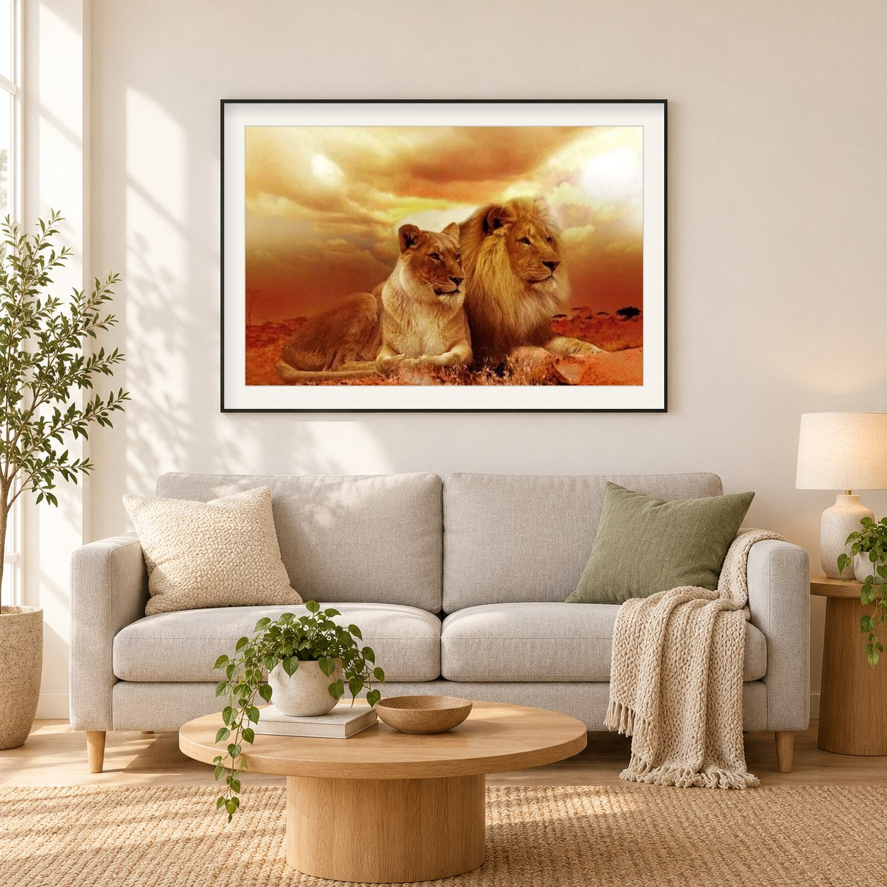 Löwenpaar in der Wüste als gerahmtes Diamond Painting im Wohnzimmer