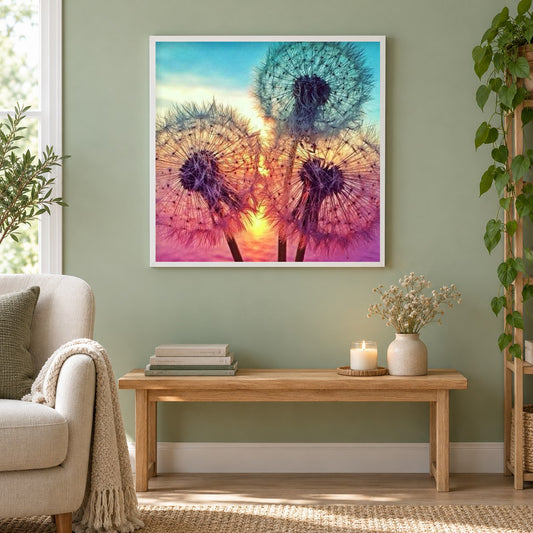 Löwenzahn als gerahmtes Diamond Painting im Wohnzimmer