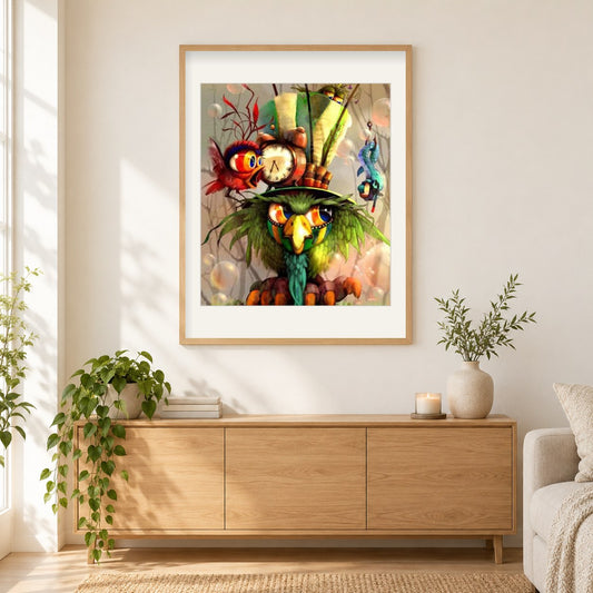 Lustige Cartoon Vögel als gerahmtes Diamond Painting im Wohnzimmer