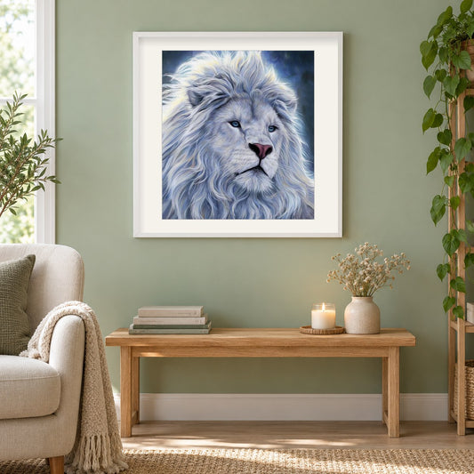 Mächtiger weißer Löwe als gerahmtes Diamond Painting im Wohnzimmer