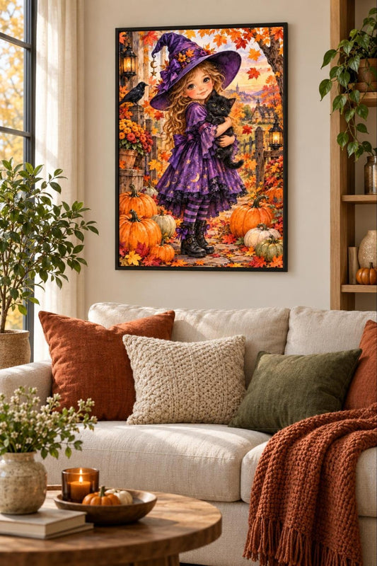 Mädchen im Hexenkostüm mit Katze Diamond Painting als gerahmtes Diamond Painting im Wohnzimmer