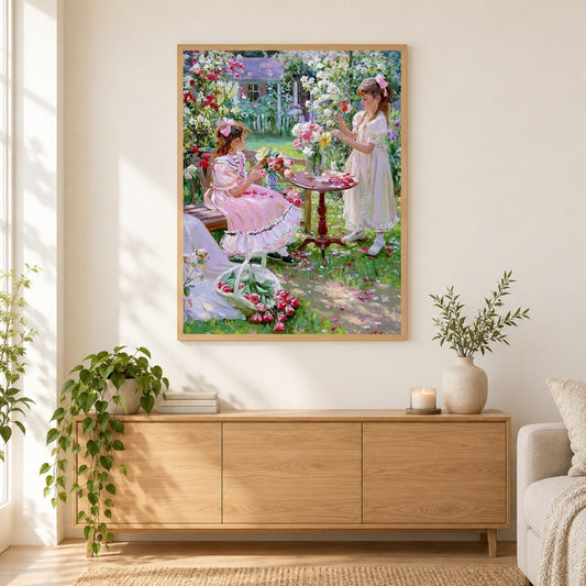 Mädchen pflücken Blumen im Garten als gerahmtes Diamond Painting im Wohnzimmer