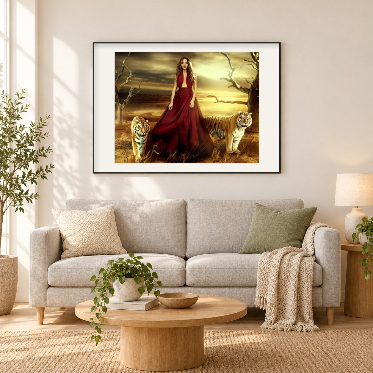 Mädchen  & Tigern als gerahmtes Diamond Painting im Wohnzimmer