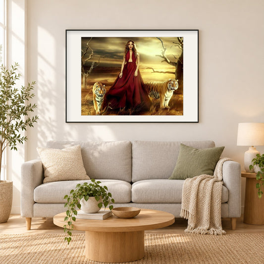 Mädchen  & Tigern als gerahmtes Diamond Painting im Wohnzimmer