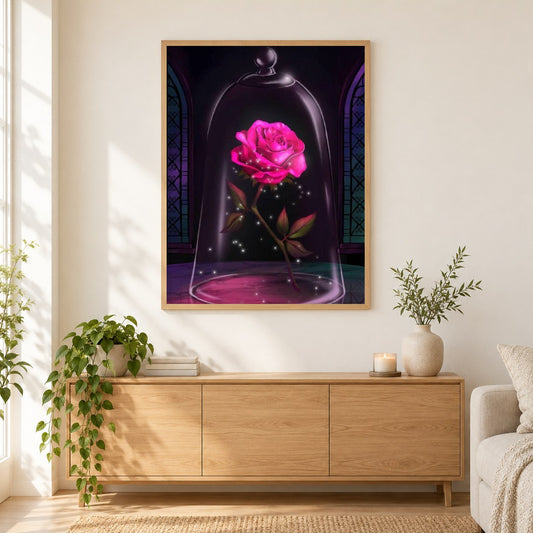 Magische Blume als gerahmtes Diamond Painting im Wohnzimmer