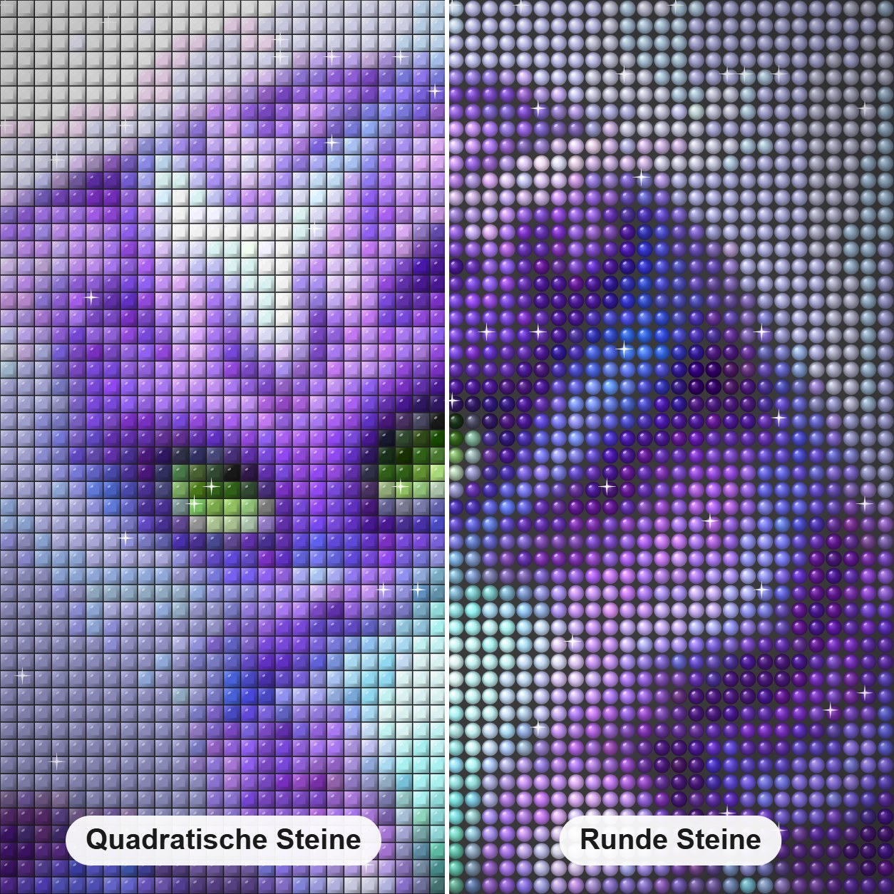 Magische Katze Diamond Painting Nahaufnahme mit quadratischen und runden Steinen