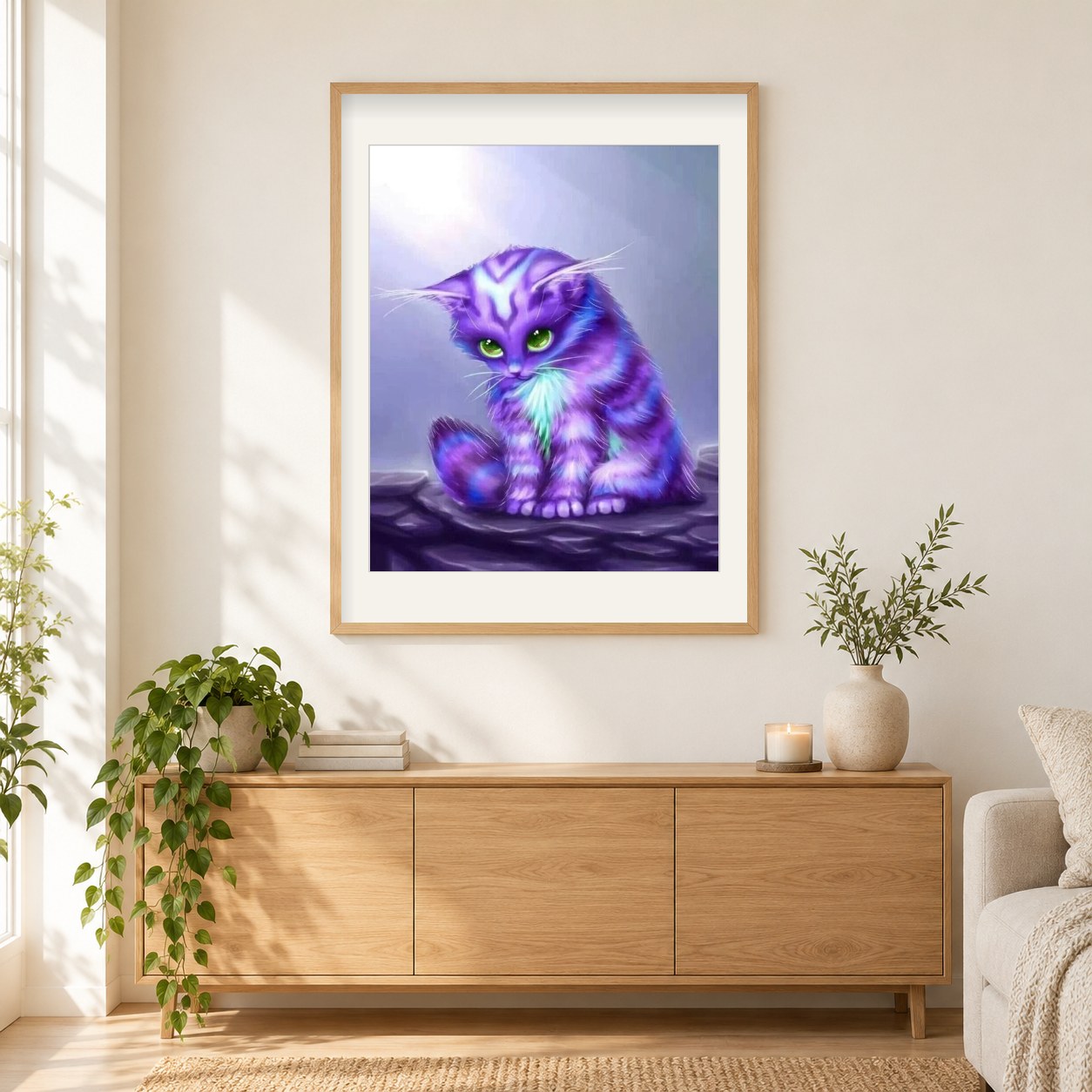 Magische Katze als gerahmtes Diamond Painting im Wohnzimmer