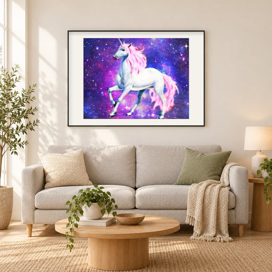Magisches Einhorn in der Galaxie als gerahmtes Diamond Painting im Wohnzimmer