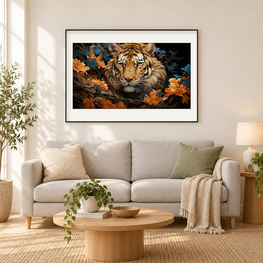 Majestätischer Löwe in einem Blumenparadies als gerahmtes Diamond Painting im Wohnzimmer