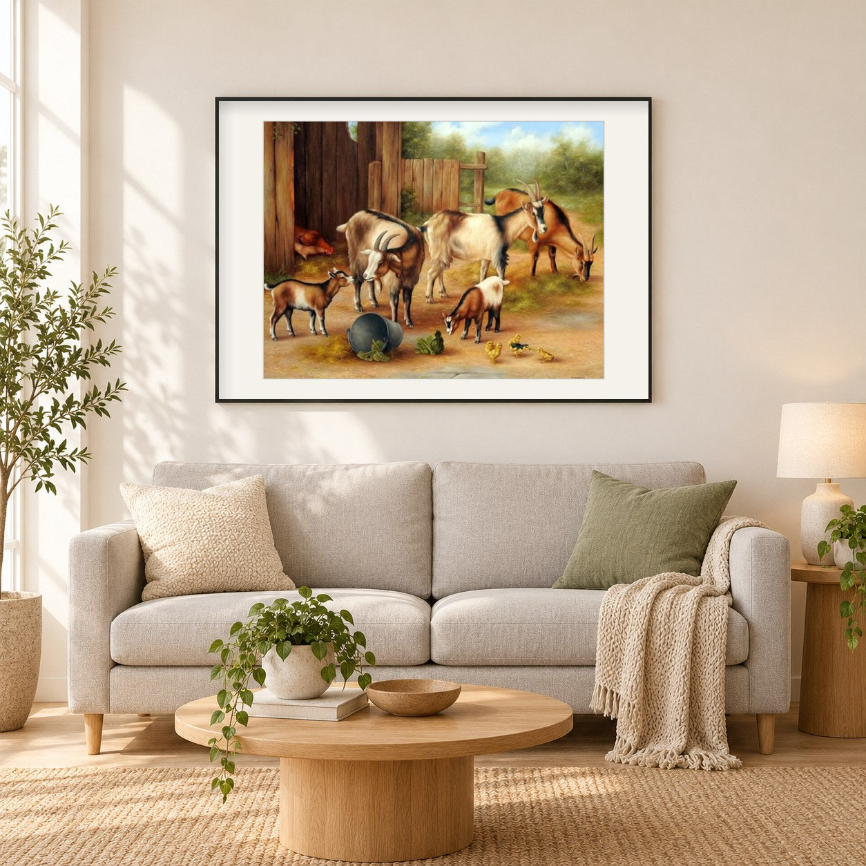 Malset für Ziegen und Hühner als gerahmtes Diamond Painting im Wohnzimmer