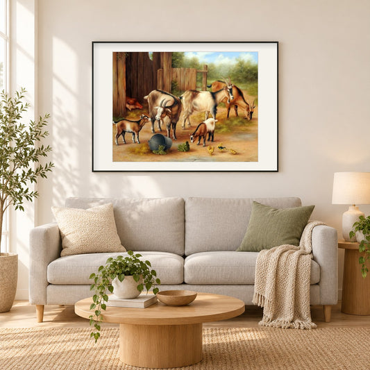 Malset für Ziegen und Hühner als gerahmtes Diamond Painting im Wohnzimmer