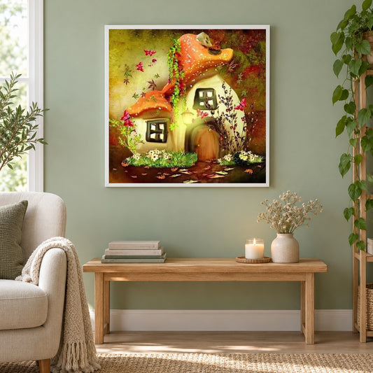 Märchen Pilzhaus als gerahmtes Diamond Painting im Wohnzimmer