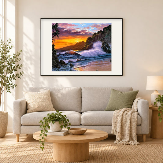 Markante Wellen und Sonnenuntergang Himmel als gerahmtes Diamond Painting im Wohnzimmer