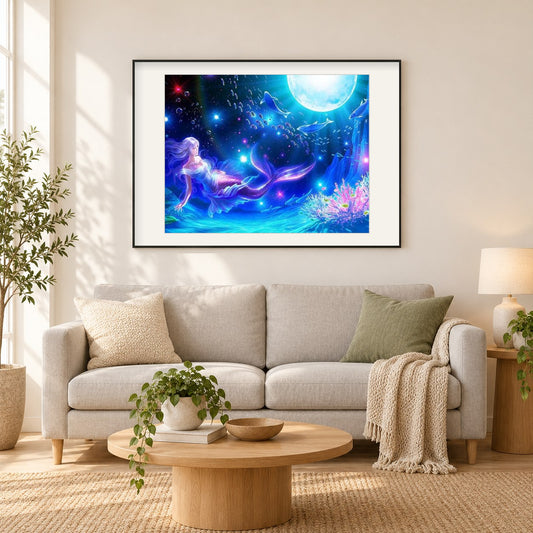 Meerjungfrau Unterwasser als gerahmtes Diamond Painting im Wohnzimmer