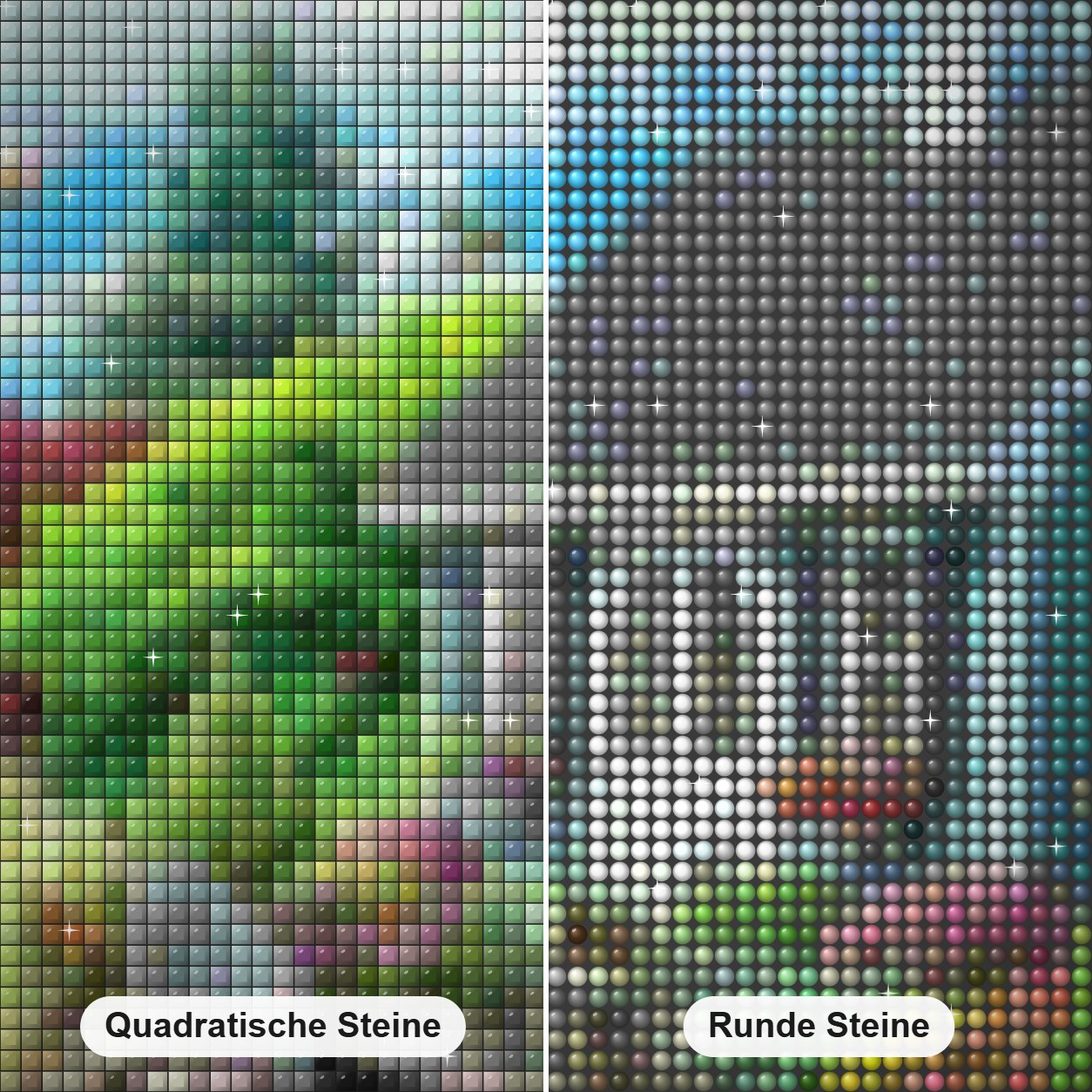 Mini Wasserfall & schönes Haus Diamond Painting Nahaufnahme mit quadratischen und runden Steinen